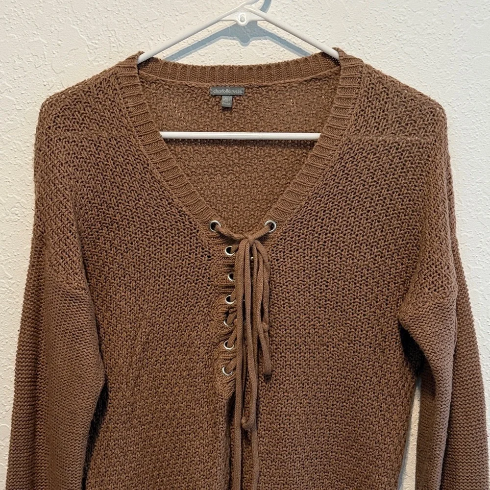 Charlotte Russe Dusty Rose Lace-Up V-Neck Knit Sweater size M Metal Soft Autumn